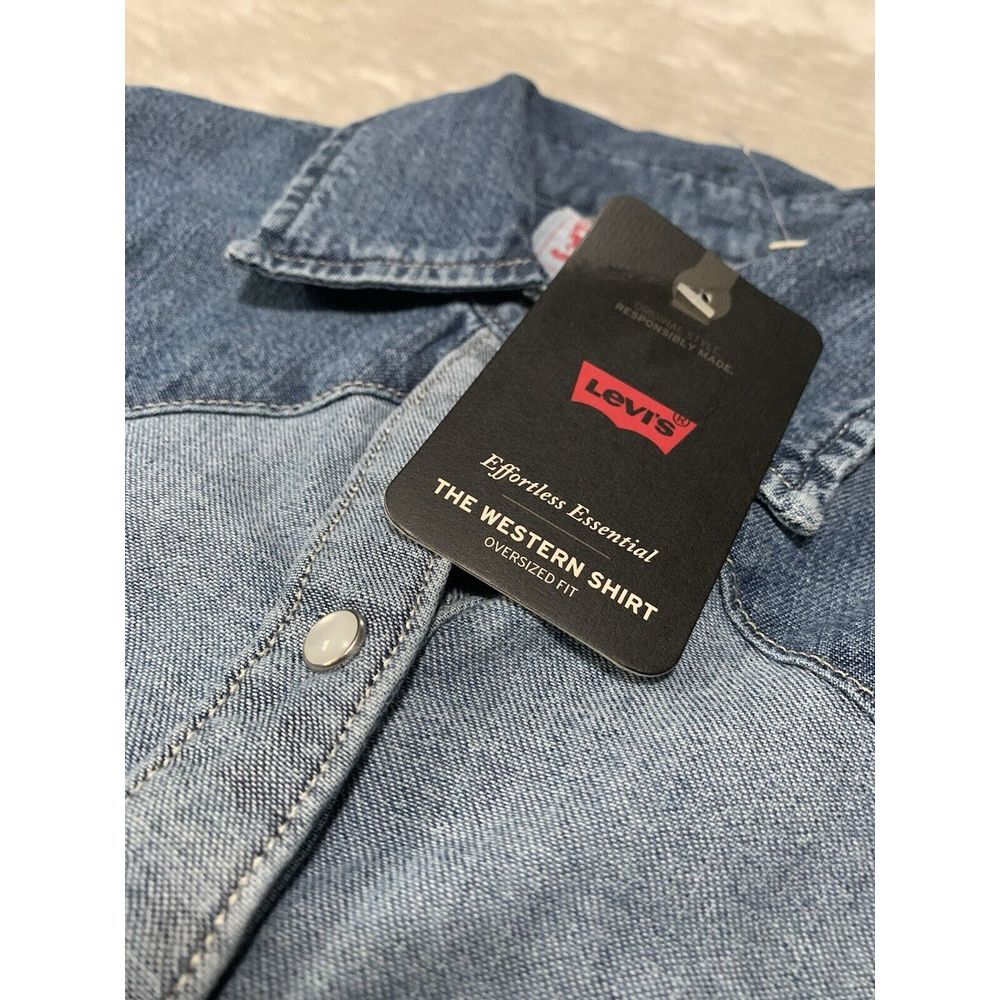 Levi's Women's Oversized Western Blue Cotton Denim Reverse‎ Shirt Pearl Snap XS - Picture 3 of 8